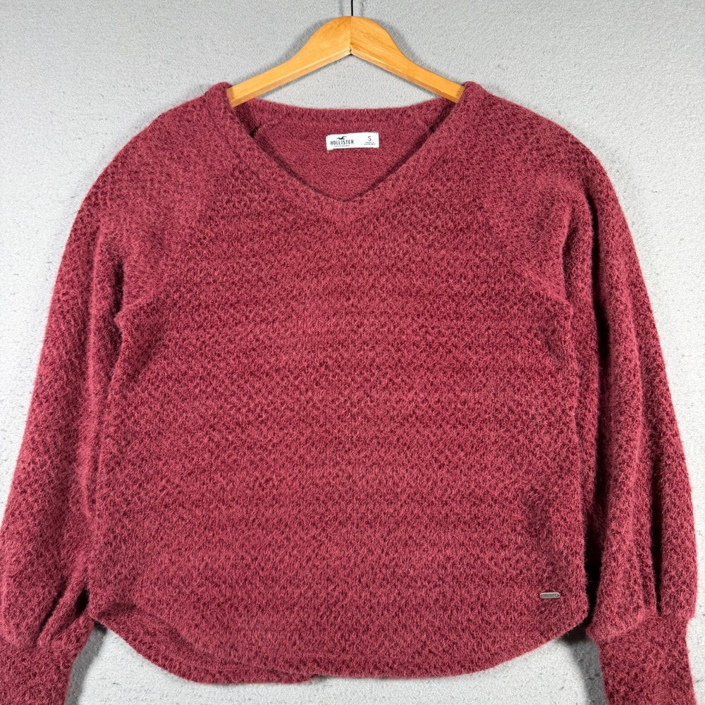 Hollister Burgundy Fuzzy V‎ Neck Sweater Long Sleeve Balloon Sleeve Size Small